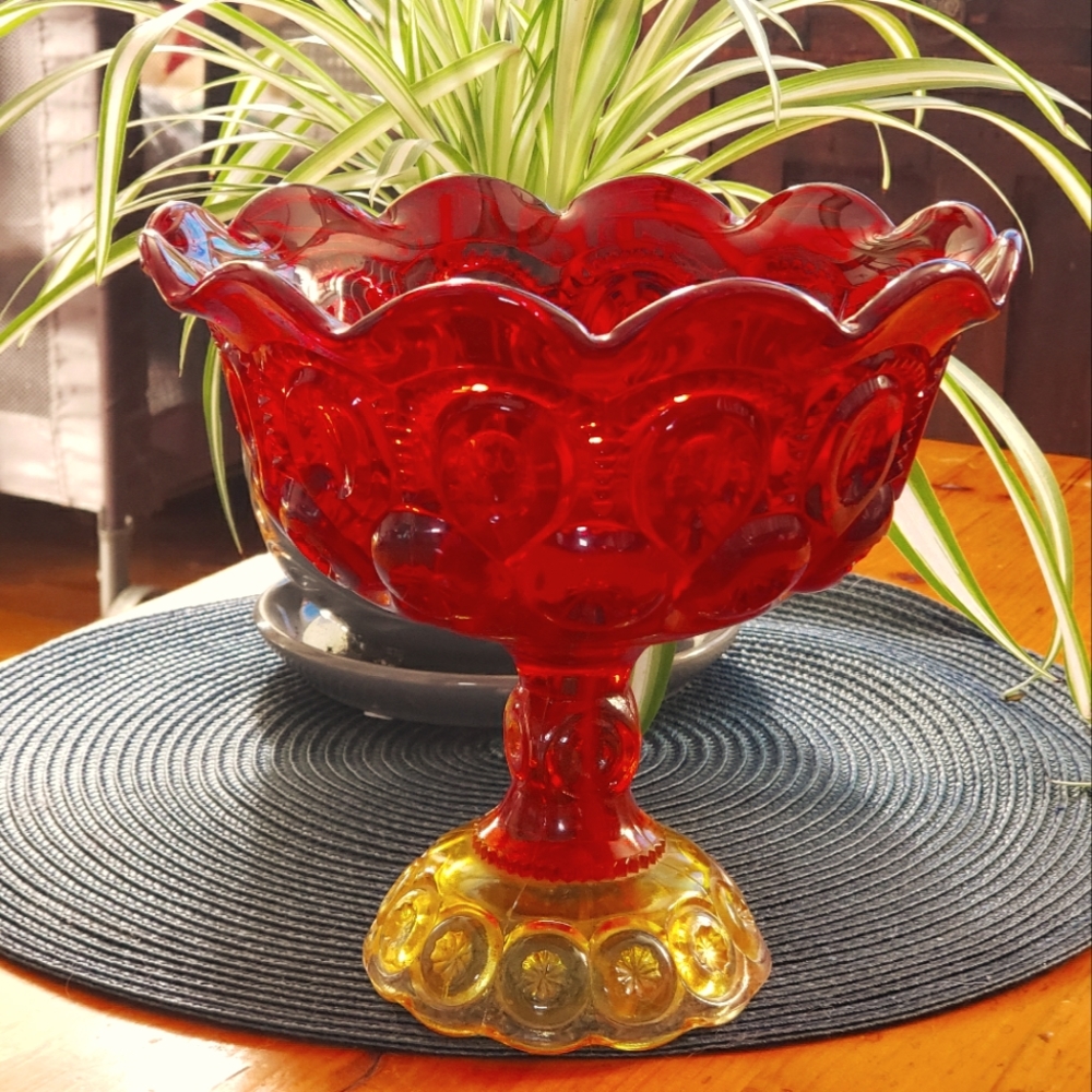 Vintage LE Smith Amberina Compote Candy Dish Moon and Stars Pattern Art Glass